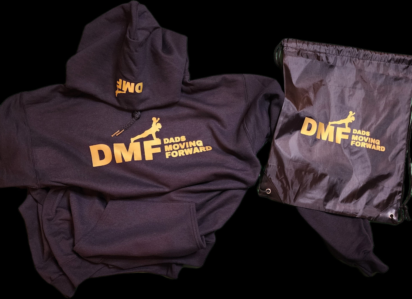 BLACK AND MATTE GOLD Dads Moving Forward LLC Premium Hoodie and DMF Bag