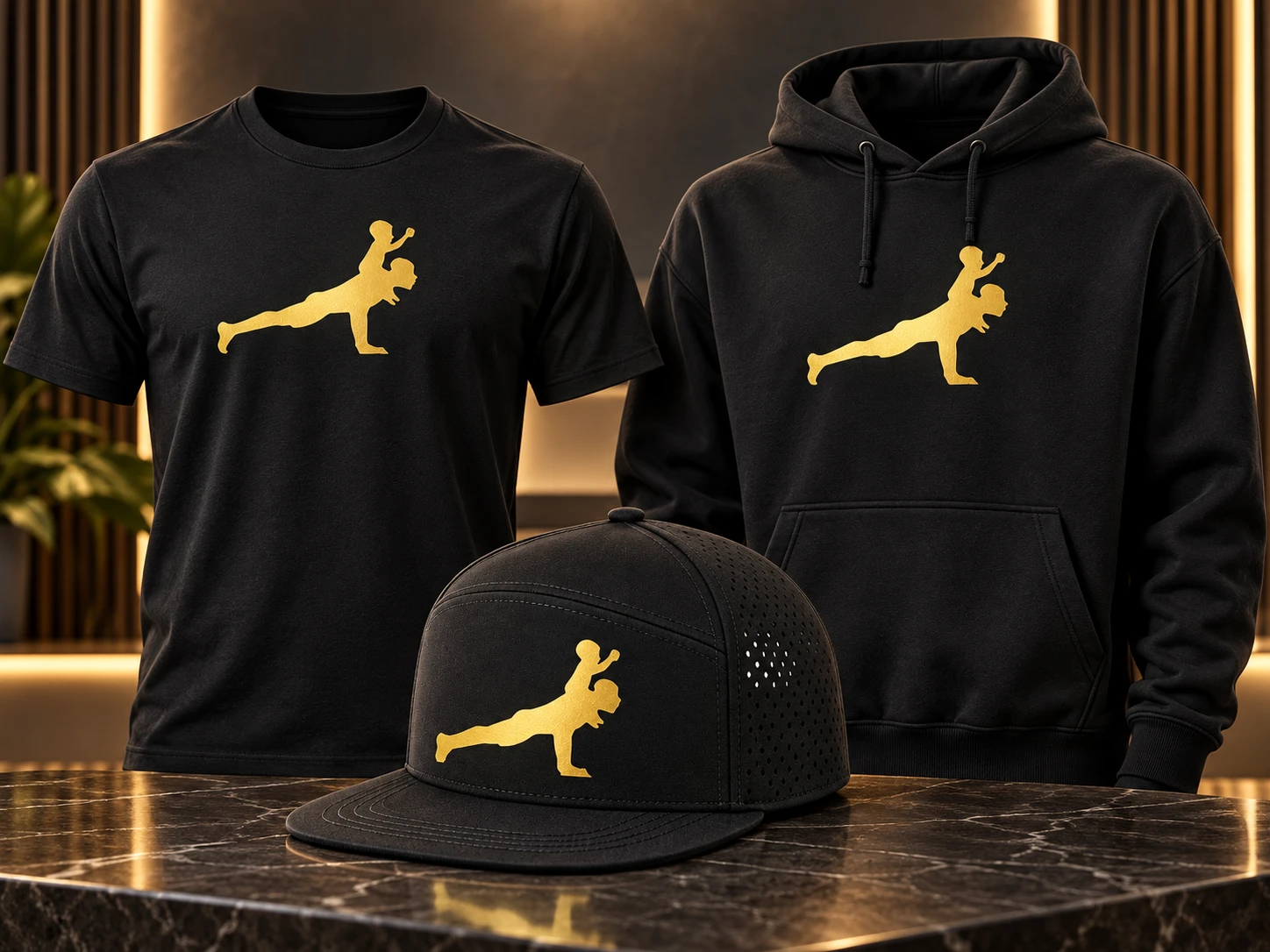 DMF logo tee, hoodie and cap in black with the gold push-up dad logo